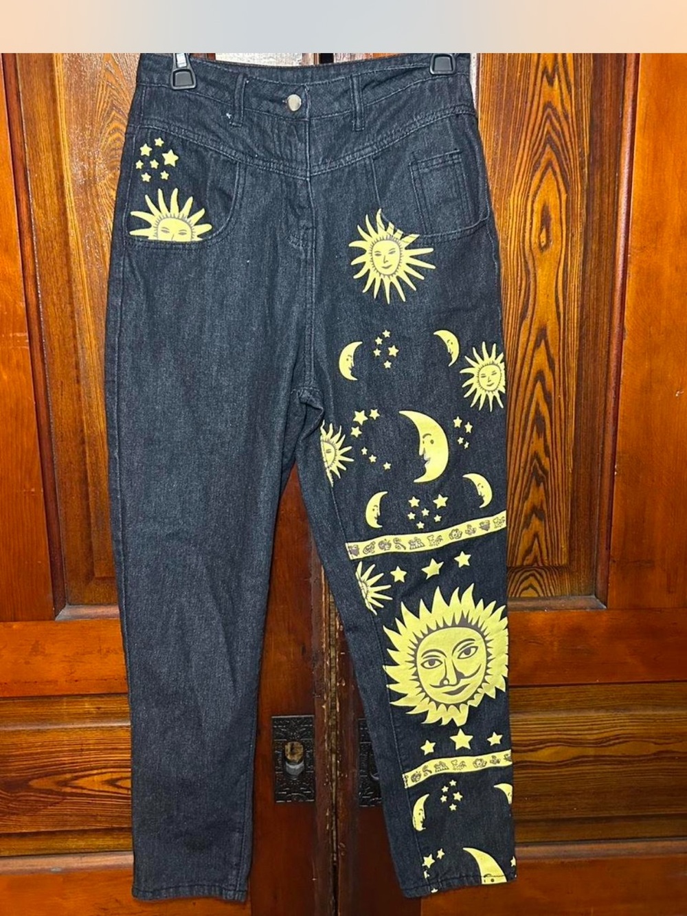 Black Denim Jeans with Yellow Sun & Moon Print